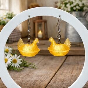 Hen on Nest HON Chicken Earrings Farmhouse Hypoallergenic Translucent Orange